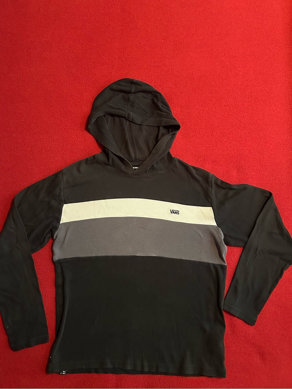 Vans Black Hoodie with Gray and Cream Chest Stripes